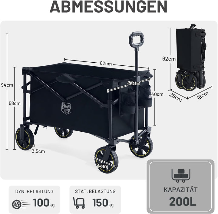 TIMBER RIDGE Bollerwagen Faltbar 200L mit Getränkehalter Verstellbarem Griff, Handwagen Klappbar Tra