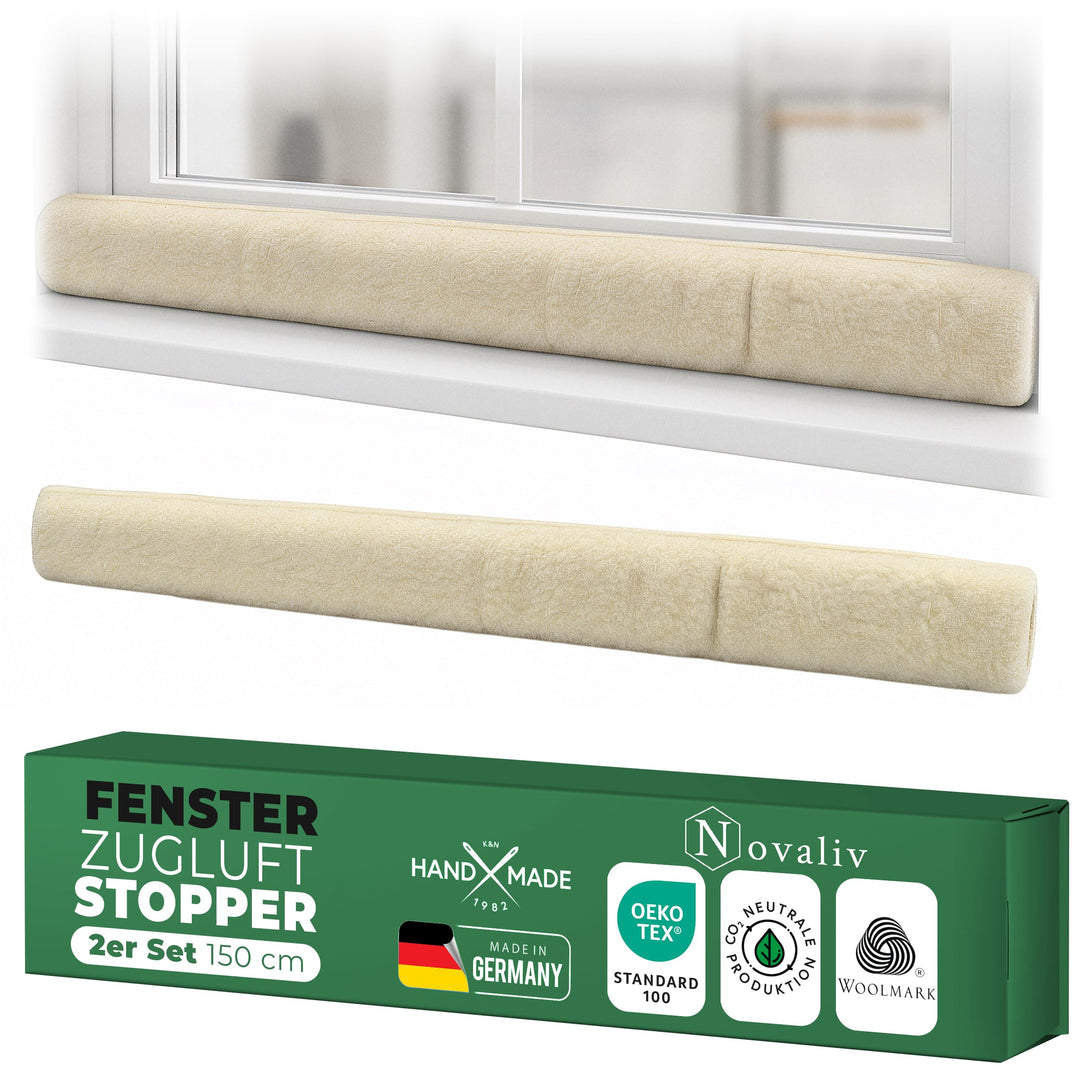 Zugluftstopper für Fenster 150cm Natur Schurwolle – stoppt Zugluft & Kälte, dämpft Lärm/Staub/Licht,