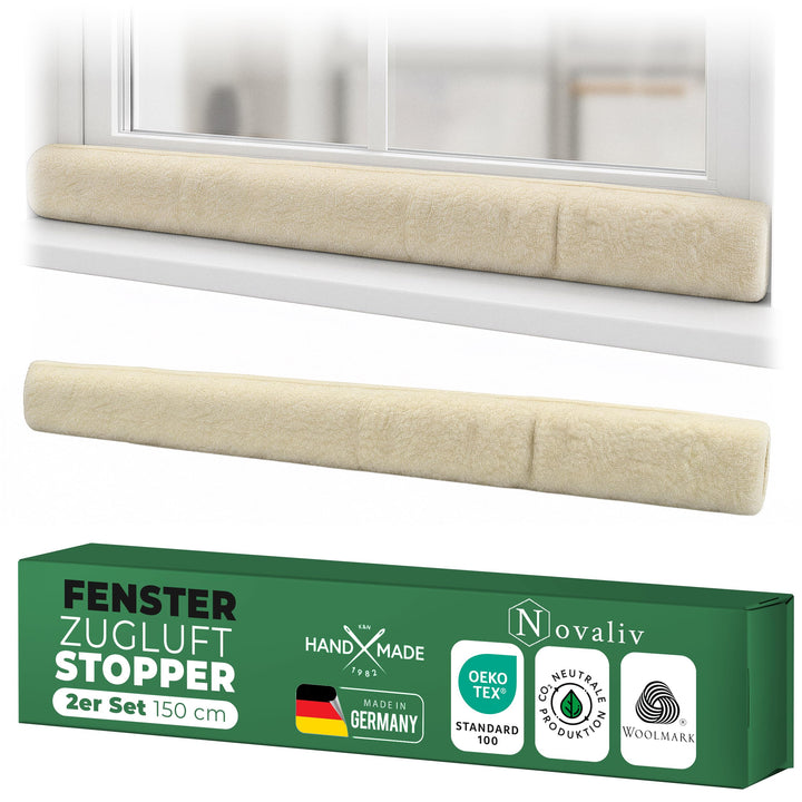Zugluftstopper für Fenster 150cm Natur Schurwolle – stoppt Zugluft & Kälte, dämpft Lärm/Staub/Licht,