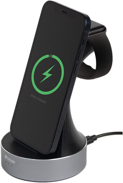 Verbatim 2-in-1 Qi MFi Wireless Charger WCS-01, für iPhone, Apple Watch & Qi-fähige Geräte, Handy St