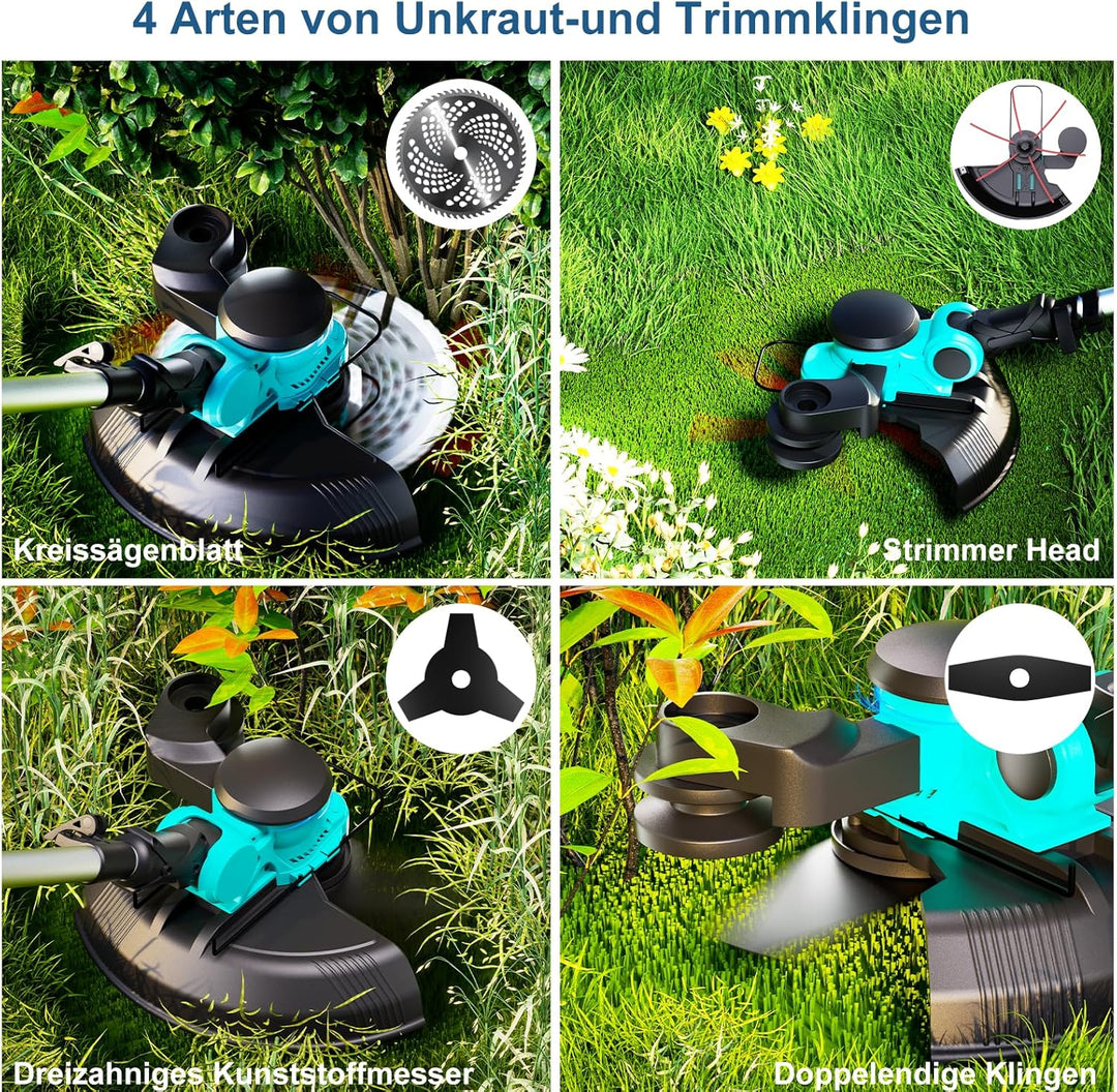 Rasentrimmer mit Akku 21V 1000W Bürstenloser Motor 3-in-1-Rasentrimmer, mit Akku 2 x 4000mAh mit 90°
