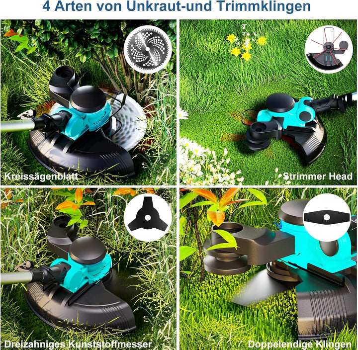 Rasentrimmer mit Akku 21V 1000W Bürstenloser Motor 3-in-1-Rasentrimmer, mit Akku 2 x 4000mAh mit 90°