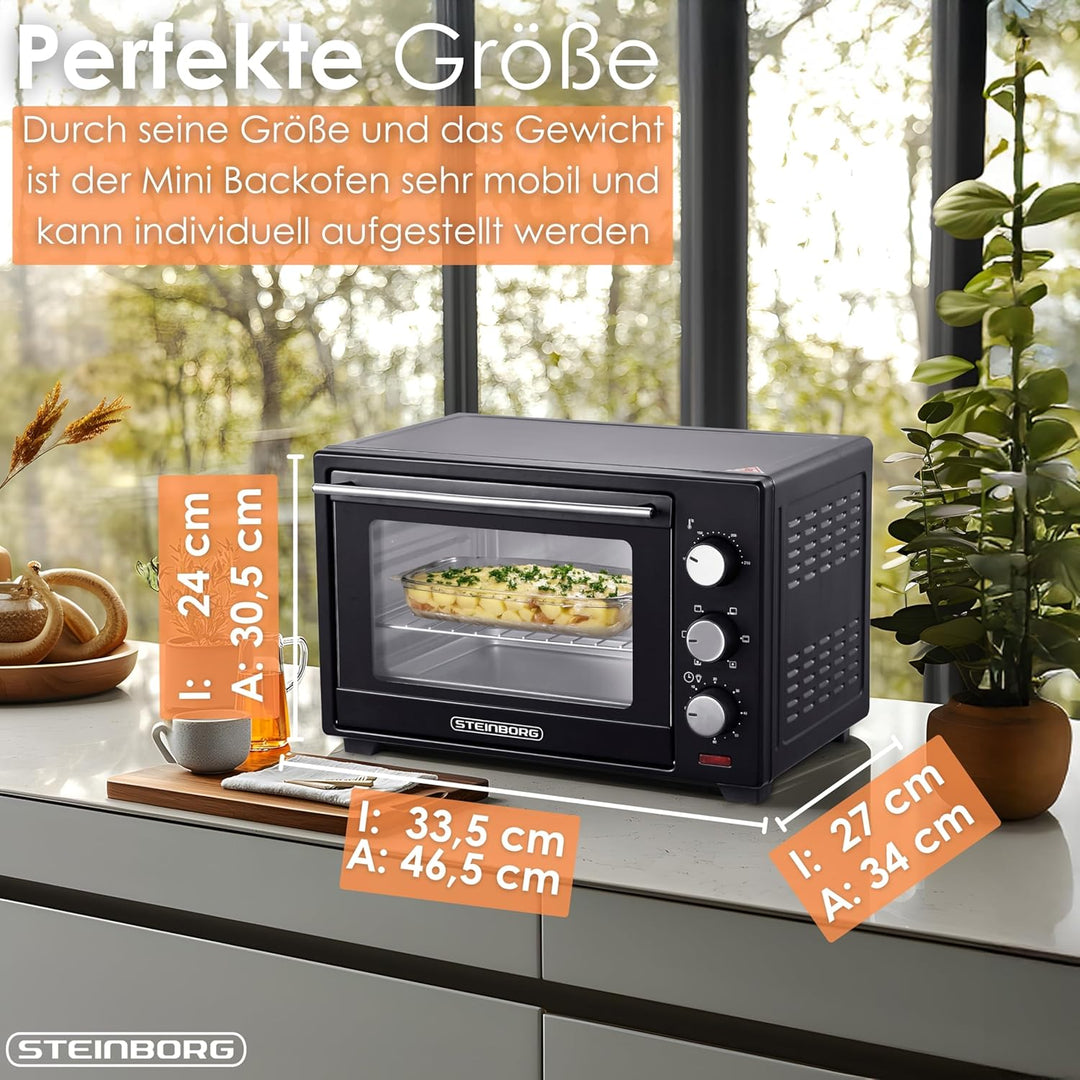 Mini Backofen 25 Liter | Pizza-Ofen | 3in1 Backofen | Minibackofen | Miniofen | Krümelblech | Ober-/