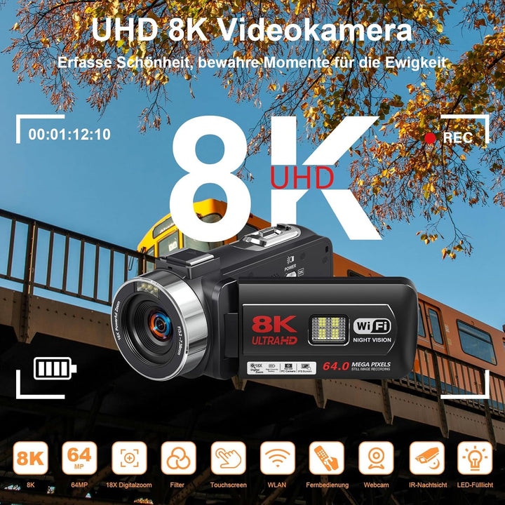 Videokamera Camcorder 8K 64MP WiFi Vlogging Camera mit IR Nachtsicht für YouTube, HD 3.0'' Touchscre