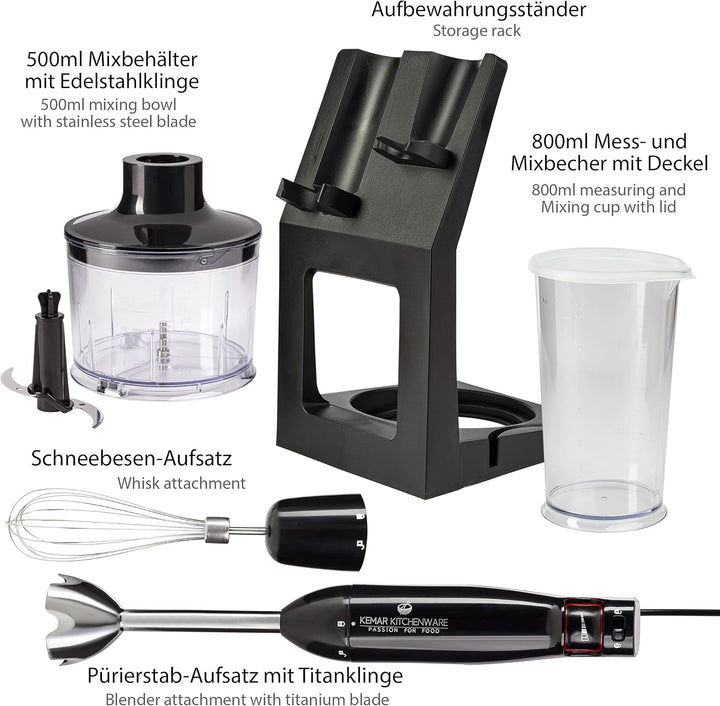 KeMar Stabmixer (1.000 Watt, Schwarz) Titan Klinge & Aufbewahrungsständer, Handstabmixer, Pürierstab