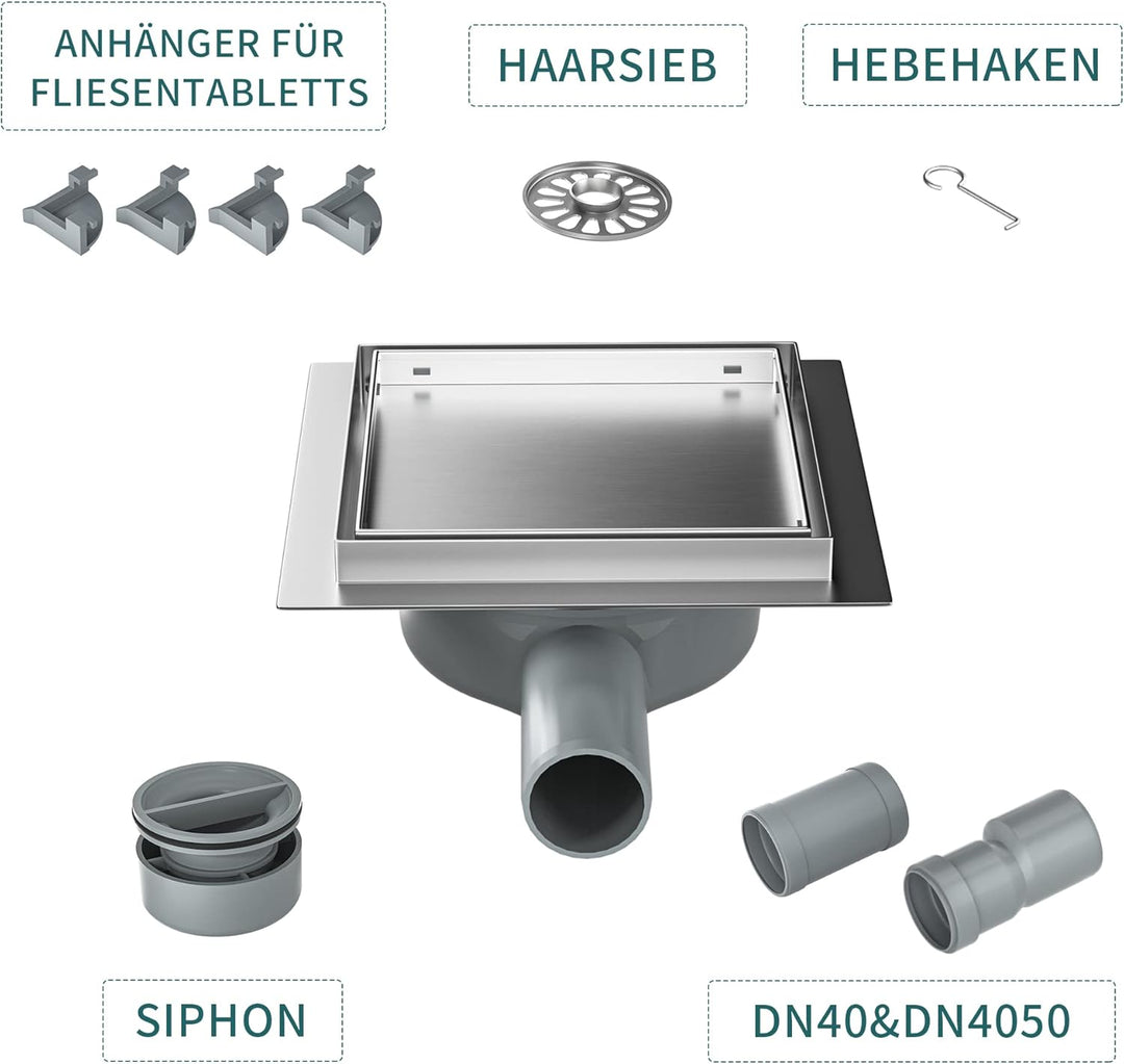 Duschrinne Quadrat 15 * 15cm, 360° Siphon mit Geruchsstop und Haarsieb 2 in1 Befliesbar Edelstahl Ab