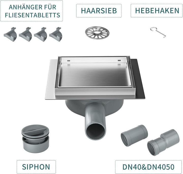 Duschrinne Quadrat 15 * 15cm, 360° Siphon mit Geruchsstop und Haarsieb 2 in1 Befliesbar Edelstahl Ab