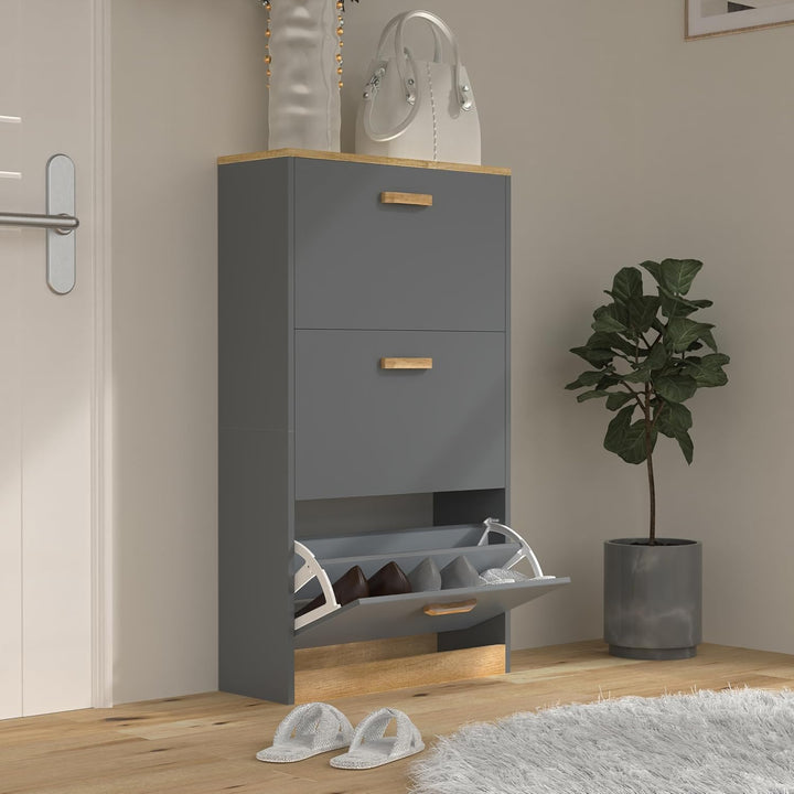VCM Holz Regal Kipper Schuhregal Schuhschrank Schuhkipper 3 Klappen Halom M Anthrazit, Anthrazit