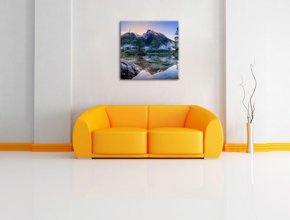 Sonnenaufgang am Hintersee, Format: 70x70 auf Leinwand, XXL riesige Bilder fertig gerahmt mit Keilra