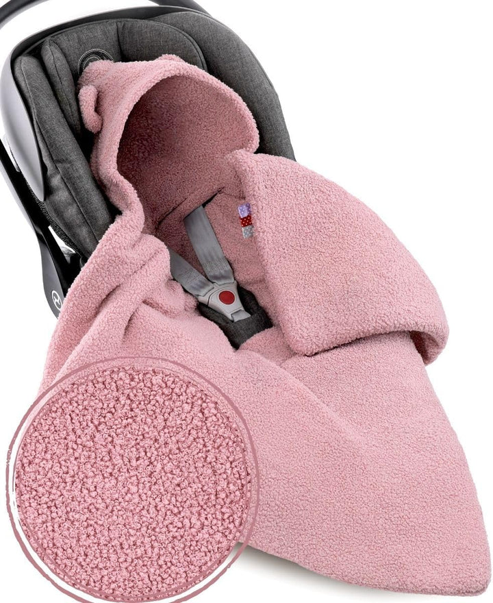 Einschlagdecke Babyschale Winter 80x80cm Kuschelig BOUCLÉ Lammfell-Optik, Kuscheldecke mit Kapuze fü