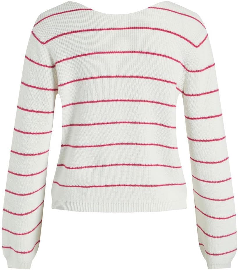 Vila Damen Vichao V-Neck L/S Knit Top/Su-Noos Strickpullover, M White Alyssum/Stripes:pink Yarrow