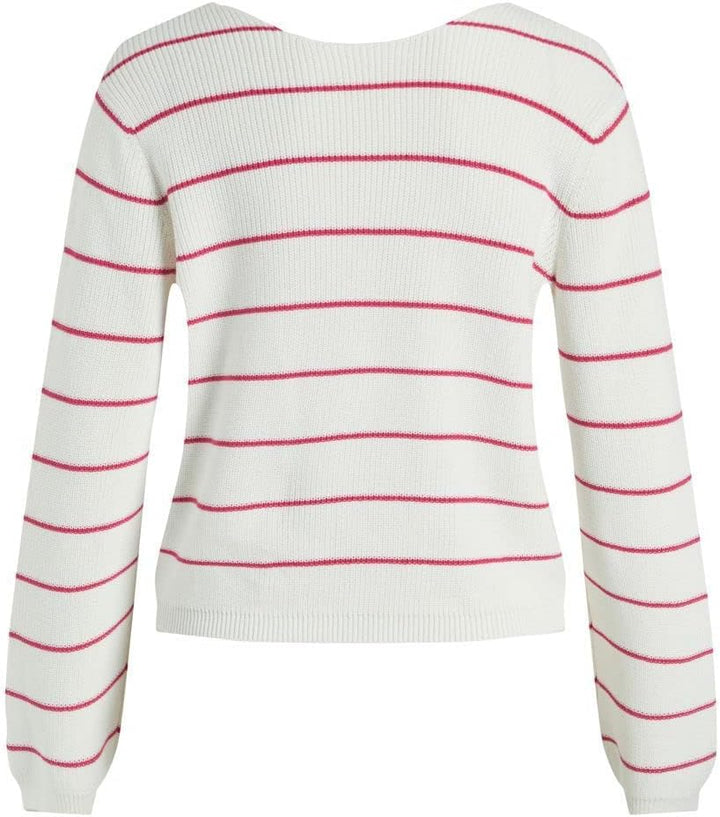 Vila Damen Vichao V-Neck L/S Knit Top/Su-Noos Strickpullover, M White Alyssum/Stripes:pink Yarrow