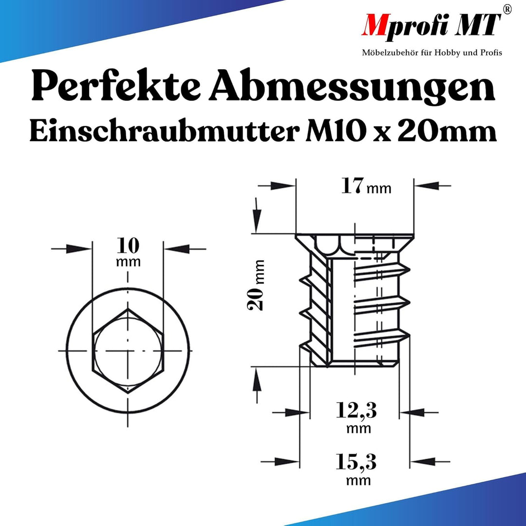 50 X Mprofi MT® Einschraubmutter-Einschraubmuffen-Innensechskantmuttern-Einschraubmutter-Gewindemuff