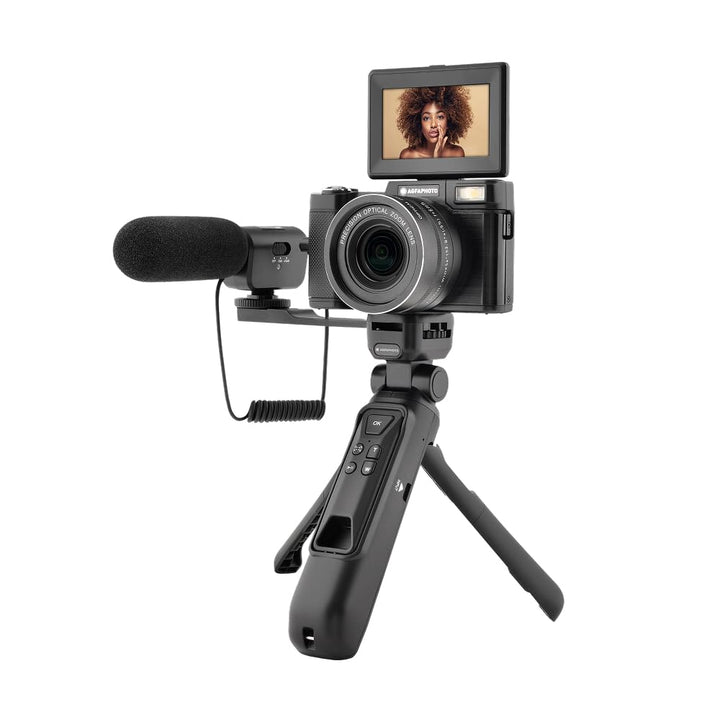 AGFA Photo Vlogging Kit VLG-4K Schwarz mit 8X optischem Zoom, Powerbank-Stativ, Fernbedienung, Mikro