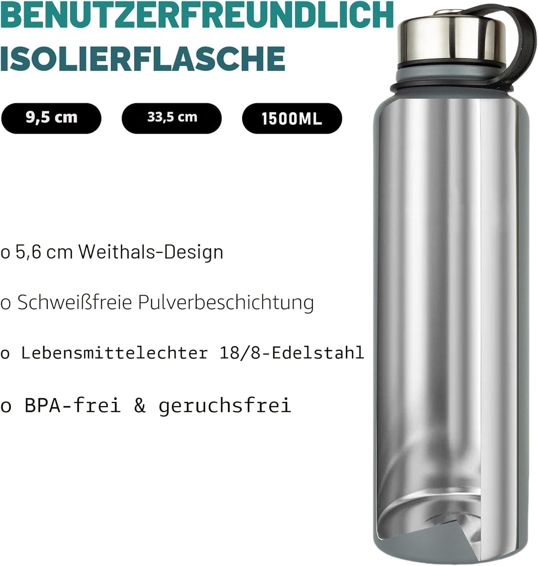 1,5 L Metall Edelstahl Trinkflasche Vakuum Flasche, Auslaufsicher Wasserflasche, BPA-Frei - Thermosf