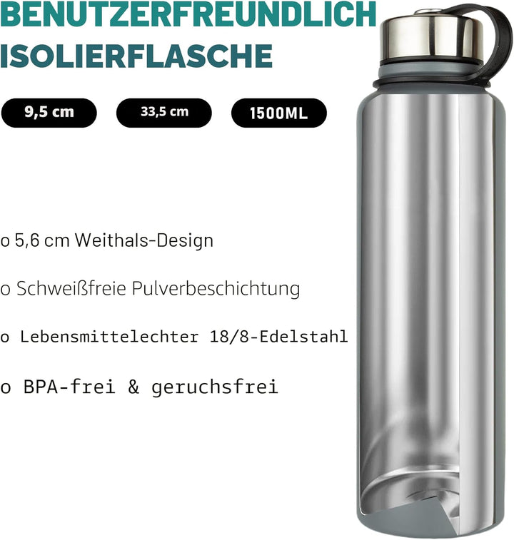 1,5 L Metall Edelstahl Trinkflasche Vakuum Flasche, Auslaufsicher Wasserflasche, BPA-Frei - Thermosf