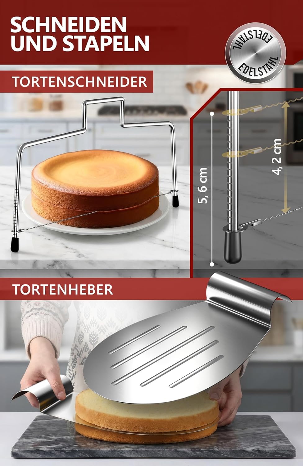 4smile Edelstahl Tortenschneider Set, 5 Teile - Tortenschneider + Tortenring verstellbar hoch 20 cm