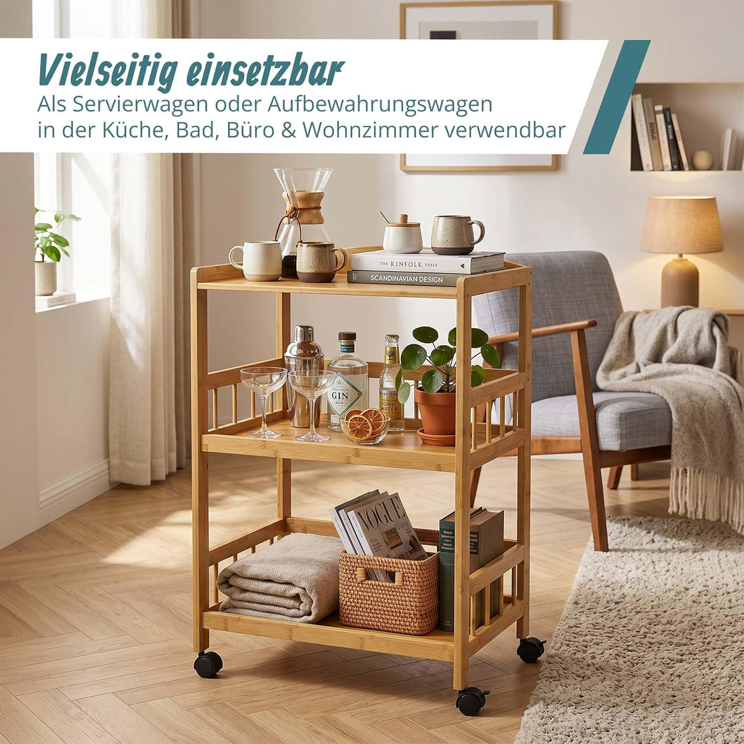 Relaxdays Servierwagen, Bambus, HxBxT: 80 x 53 x 30 cm, 3 Etagen, Natur | Rollregal für Küche &amp; Wohn