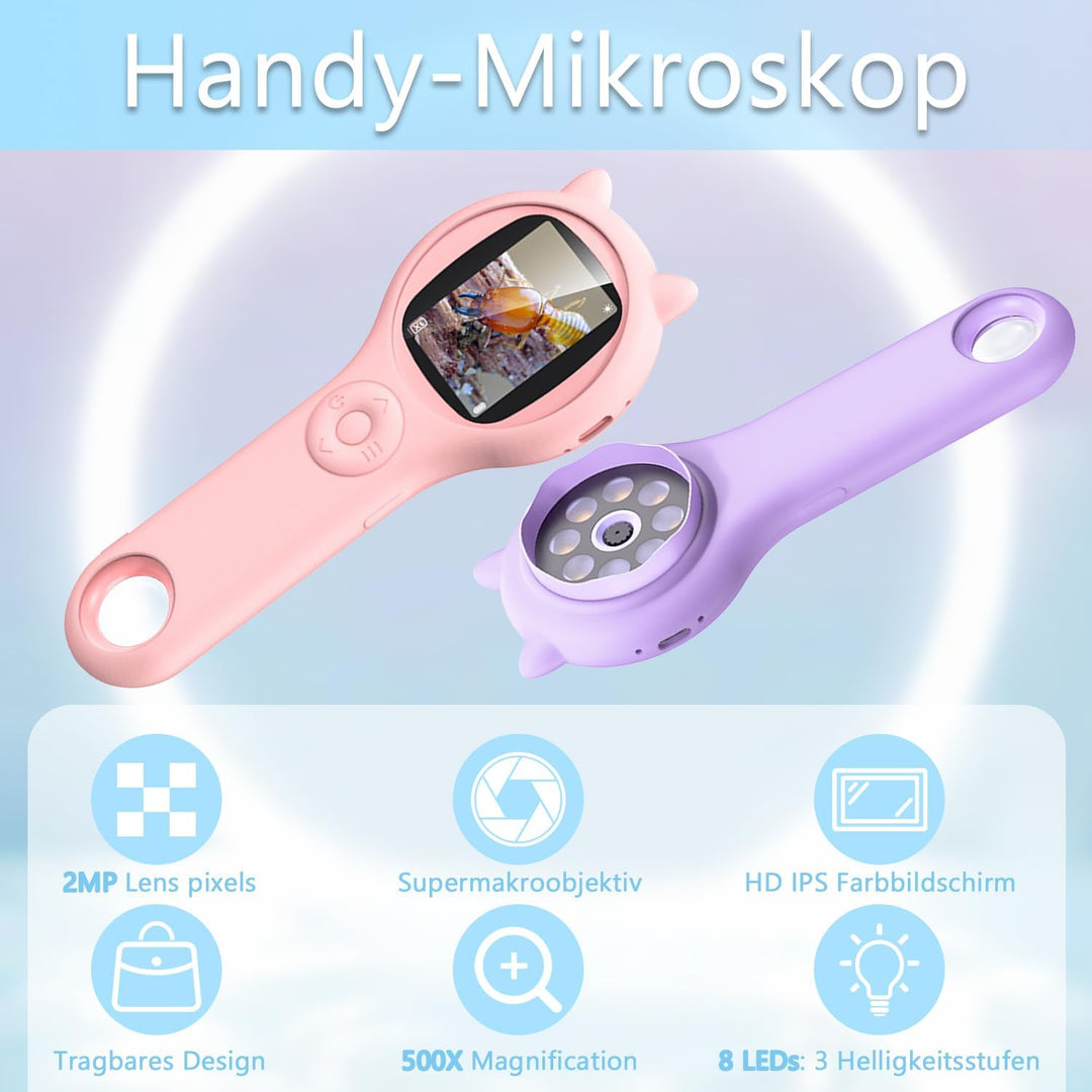 Mucek Handy Mikroskop für Kinder, 2,0" IPS-Bildschirm 500X Taschenmikroskop, 2MP Lens Pixels Mini-Mi