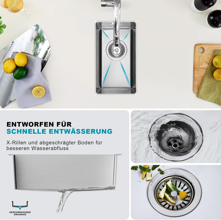 Klein Spüle Nano Silber 25 x 40cm Spülbecken, Kleine Waschbecken Küche ohne Hahnloch, 1 Becken Edels