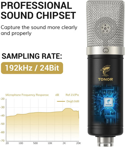 TONOR Grossmembran USB Mikrofon PC Set, Kondensator Microphone 192 kHz/24 Bit Computer Podcast Mikro