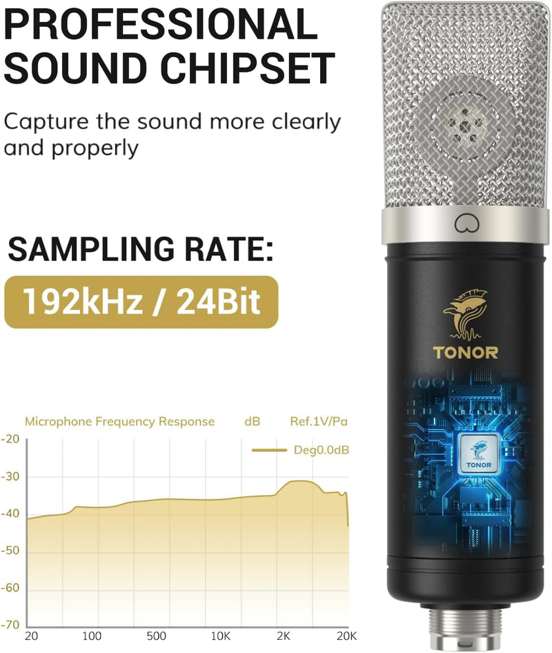 TONOR Grossmembran USB Mikrofon PC Set, Kondensator Microphone 192 kHz/24 Bit Computer Podcast Mikro