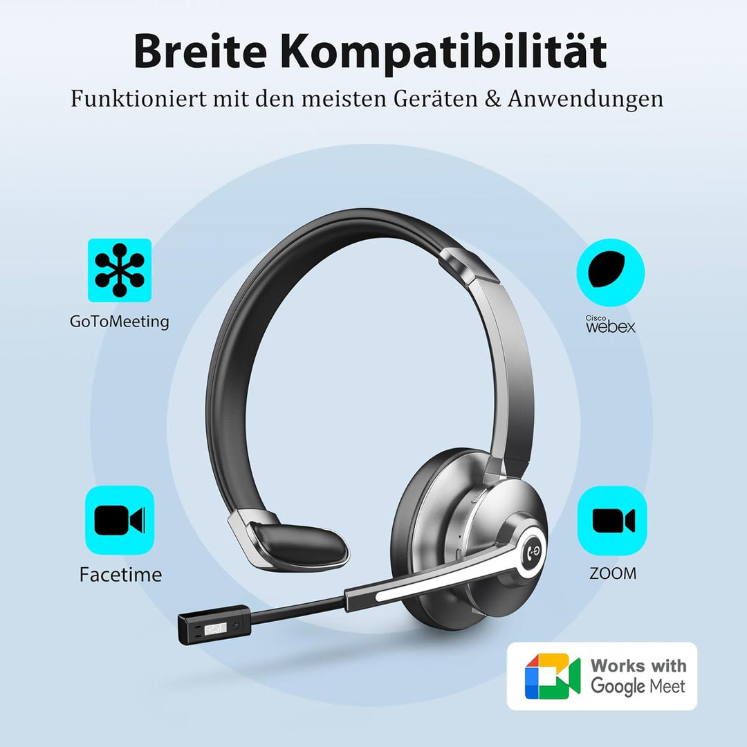 Bluetooth Headset mit Mikrofon，Kabelloses Headset mit USB Dongle & Ladestation, Wireless Office Head