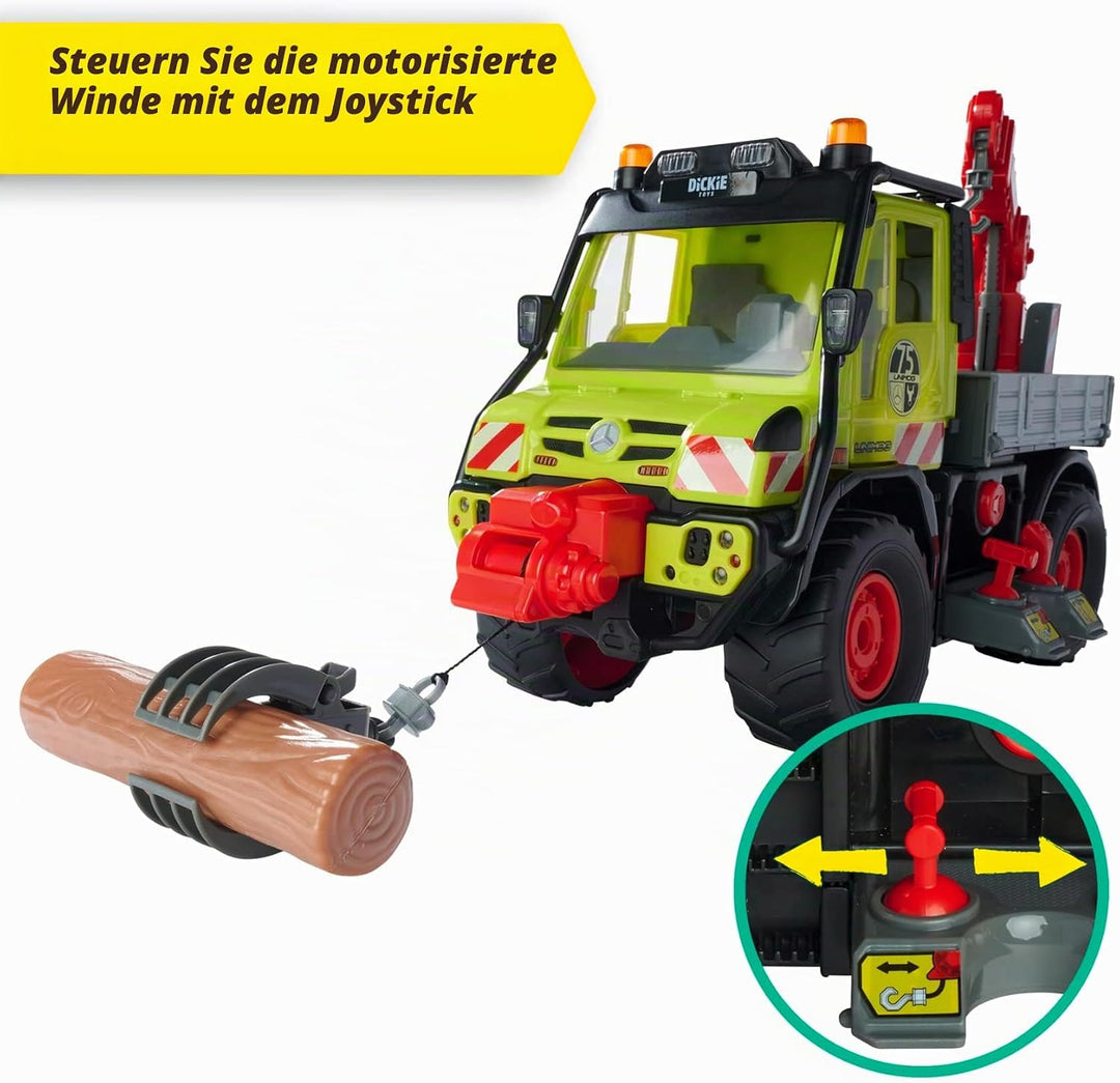 Dickie Toys - Unimog Holztransporter - mit elektrischer Seilwinde und Kranarm mit Joystick-Steuerung