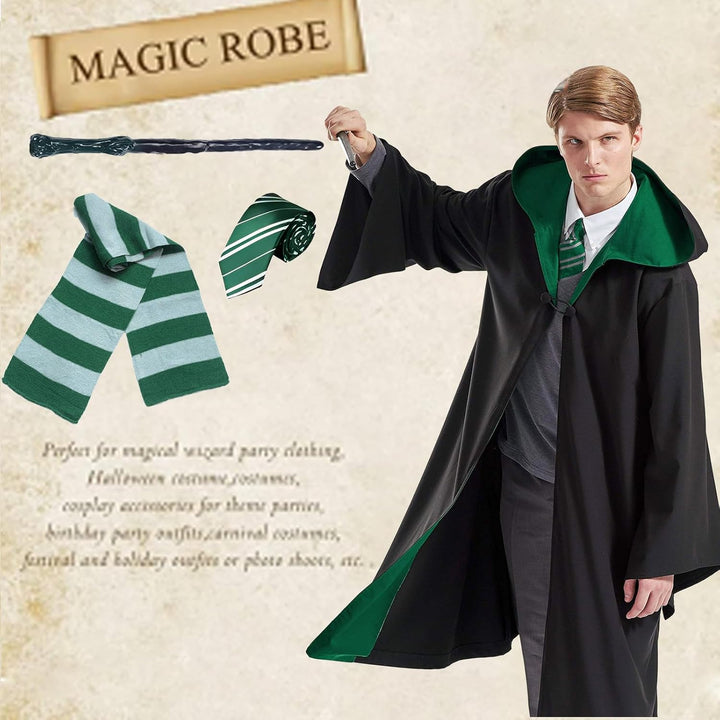 Magic Robe, Umhang,4PCS Zauberer Cosplay Kostüm für Erwachsene,with Cape,Magic Wand,Glasses,Scarf,Ti
