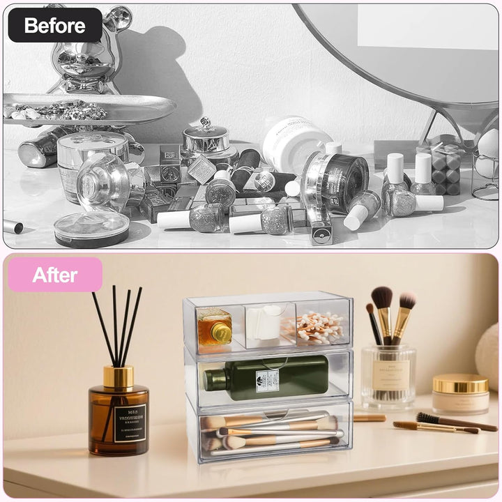 3 Stück Acryl Schubladen Schminktisch Organizer, Stapelbarer Badezimmer Make Up Organizer, Transpare