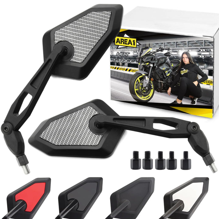 Area1 Universal Motorrad Rückspiegel Paar e-geprüft 2x M10 Rechtsgewinde + Linksgewindeadapter, pass