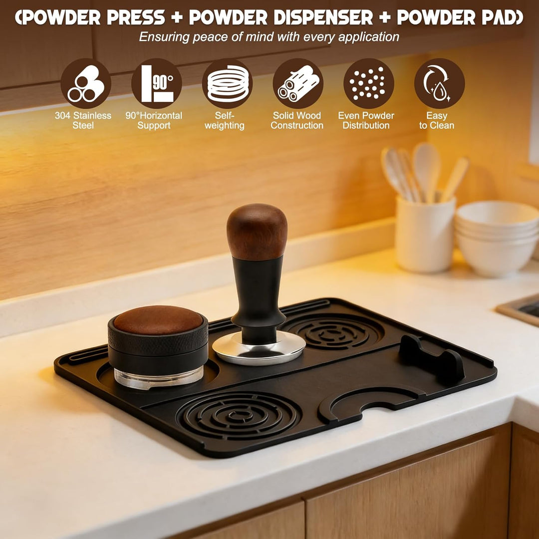 Kaffeetamper Set 58 mm aus Edelstahl – Espresso Tamper mit Holzgriff, Espressopulver-Distributor & S