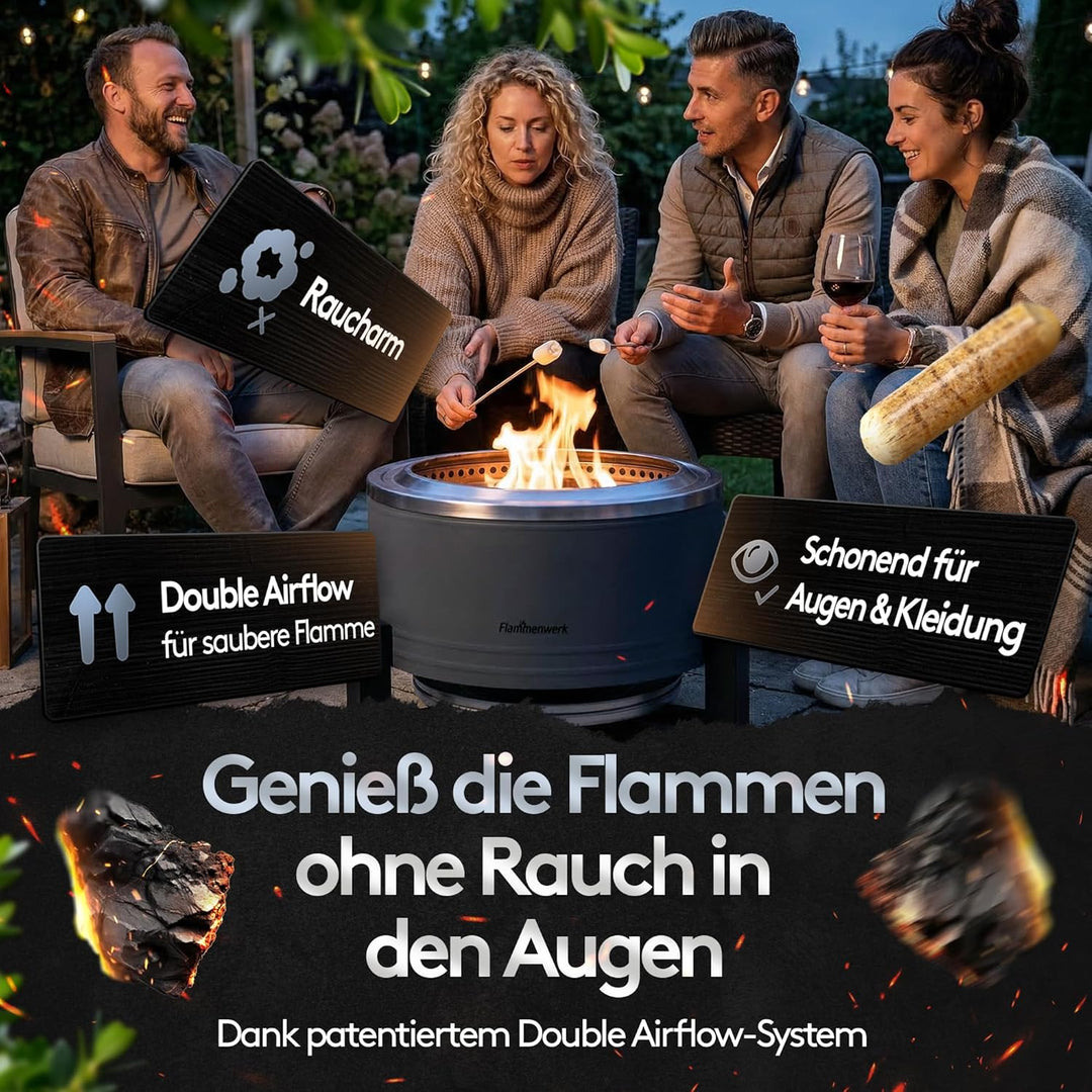 Rauchfreie Edelstahl Feuerschale Ø 56 cm| Raucharm Dank Turbo-Brenner | 2-in-1 Feuerstelle & Grill f