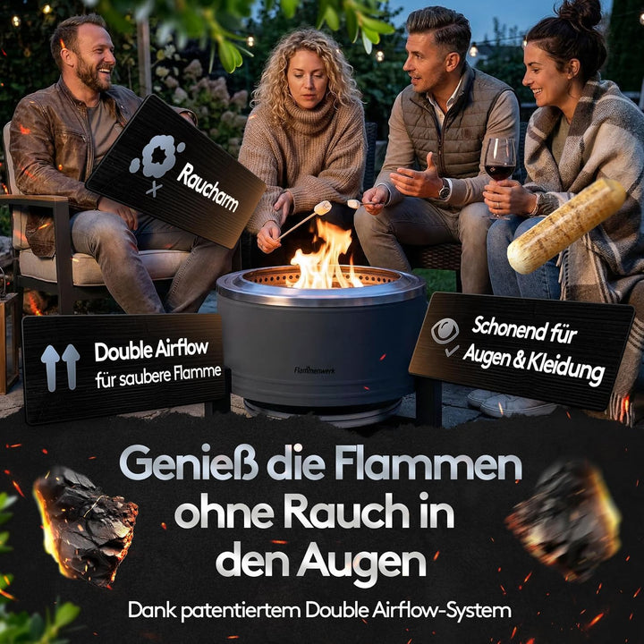 Rauchfreie Edelstahl Feuerschale Ø 56 cm| Raucharm Dank Turbo-Brenner | 2-in-1 Feuerstelle & Grill f