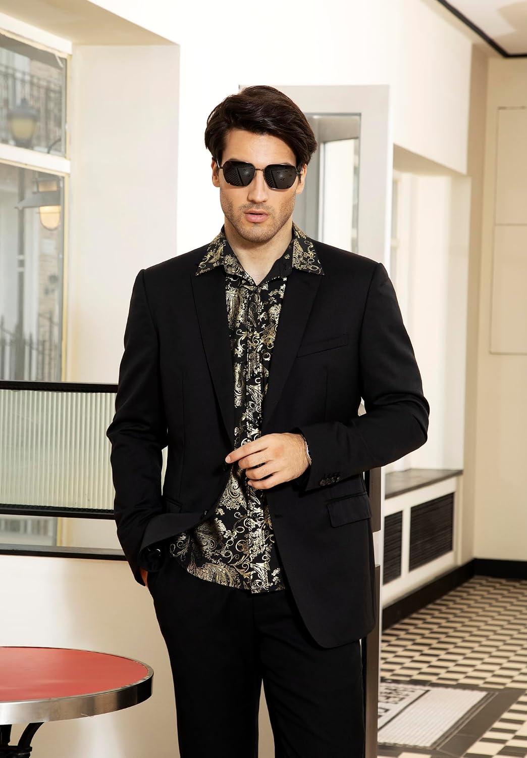 HISDERN Herren Paisley Hemd Langarm Satin Blumen Muster Hemd für Männer Jacquard Stickerei Freizeith