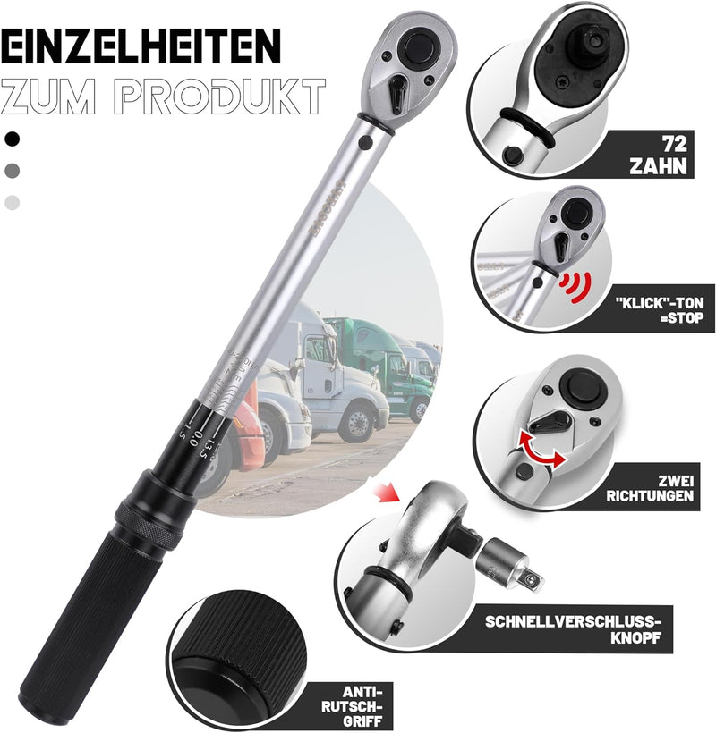 UYECOVE Drehmomentschlüssel 1/2 Zoll, 40-220 NMDrehmomentschlüssel Auto, ±3% Hohe Präzision, 72 Zähn