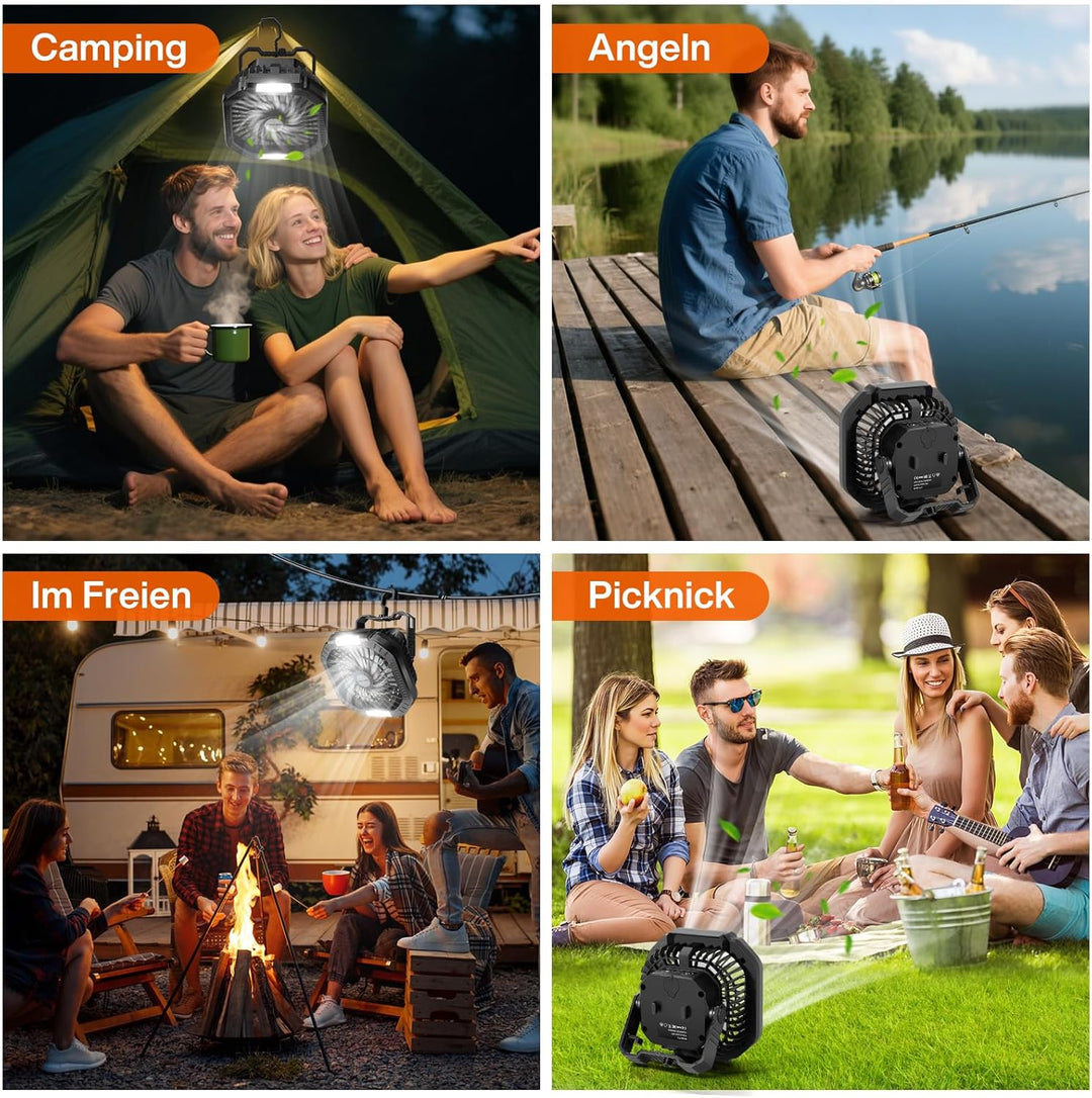 Camping Ventilator, 10000 mAh Ventilator USB-Tischventilator mit Licht, Haken und Paracord-Armband,