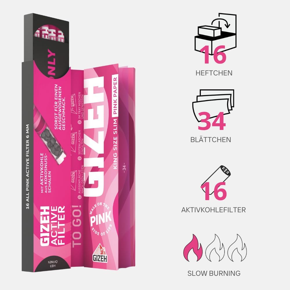 GIZEH PINK King Size Slim + Active Filter 2-in-1-Kombi-Pack – King Size Slim Blättchen inkl. 6 mm Ak