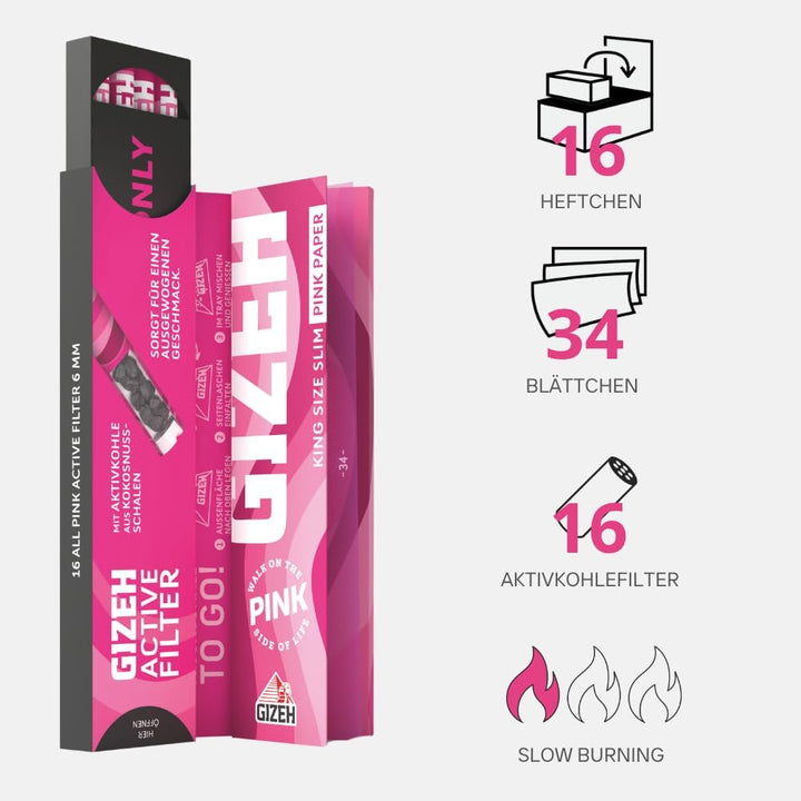 GIZEH PINK King Size Slim + Active Filter 2-in-1-Kombi-Pack – King Size Slim Blättchen inkl. 6 mm Ak