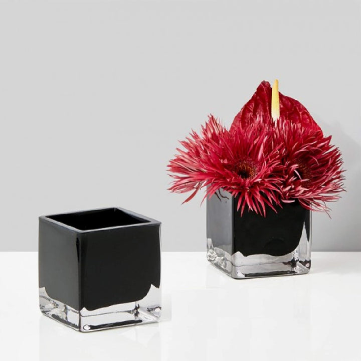 WGV Schwarze Glasvase, Kerzenhalter, 12,7 x 12,7 x 12,7 cm, blumiger Akzent, Heimbüro-Dekor, 1 Stück