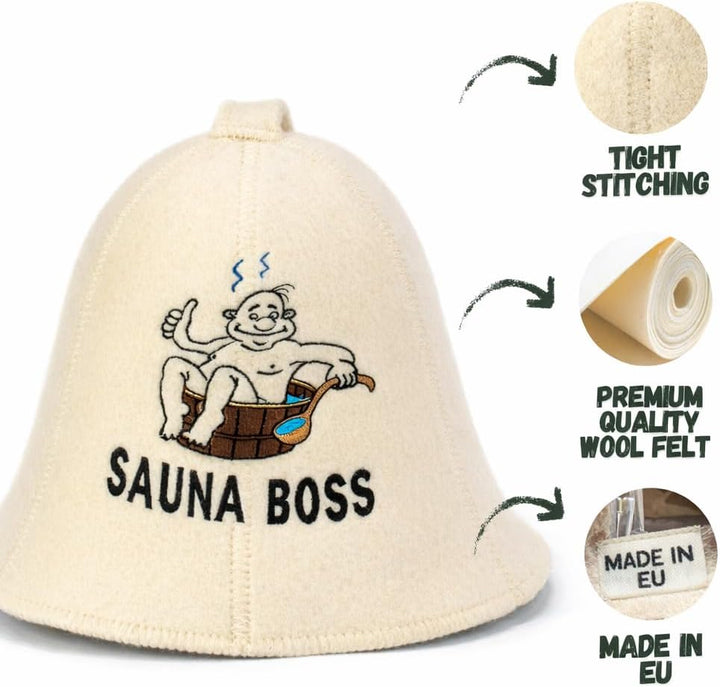 Natural Textile Saunahut 'Sauna Boss Bucket' White - 100% organische Wollfilzmützen - Schützen Sie I