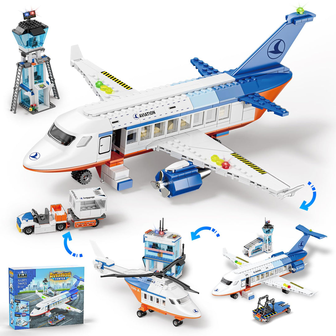 GuKKK City Passagierflugzeug Baukasten Set, 3 IN 1 Flugzeug Baukasten 744 PCS mit Terminal, Anhänger