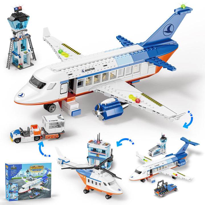GuKKK City Passagierflugzeug Baukasten Set, 3 IN 1 Flugzeug Baukasten 744 PCS mit Terminal, Anhänger