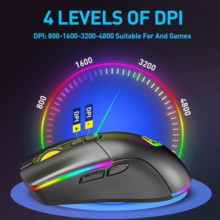 Kabellose Gaming Maus, Dual Mode 2.4GHz/Bluetooth 5.1 Maus Gaming, RGB LED Hintergrundbeleuchtung, E