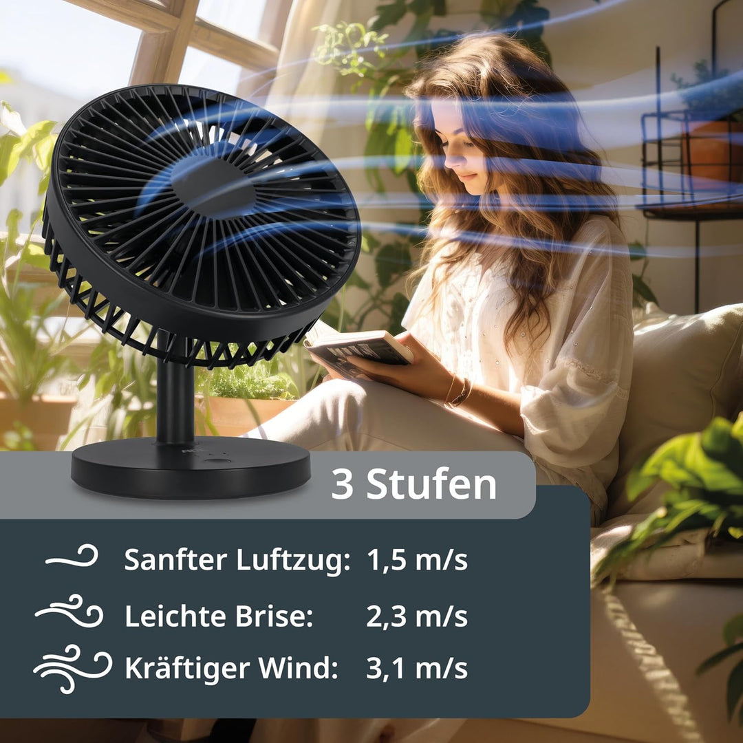 ADE Ventilator sehr leise | USB Tischventilator 3 Stufen | Akku bis 7,5 h Laufzeit | 2.000 mAh | 180