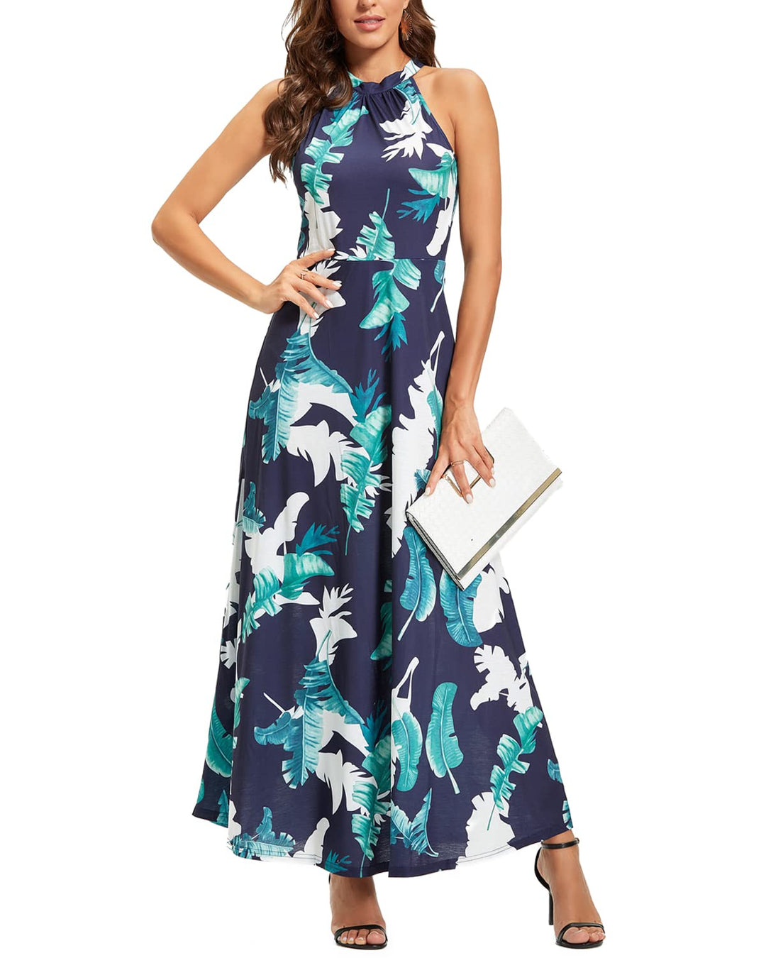 STYLEWORD Damen Neckholder Elegant Sommerkleid Ärmellos Blumenkleid Maxikleid Lange Strandkleid M Fl
