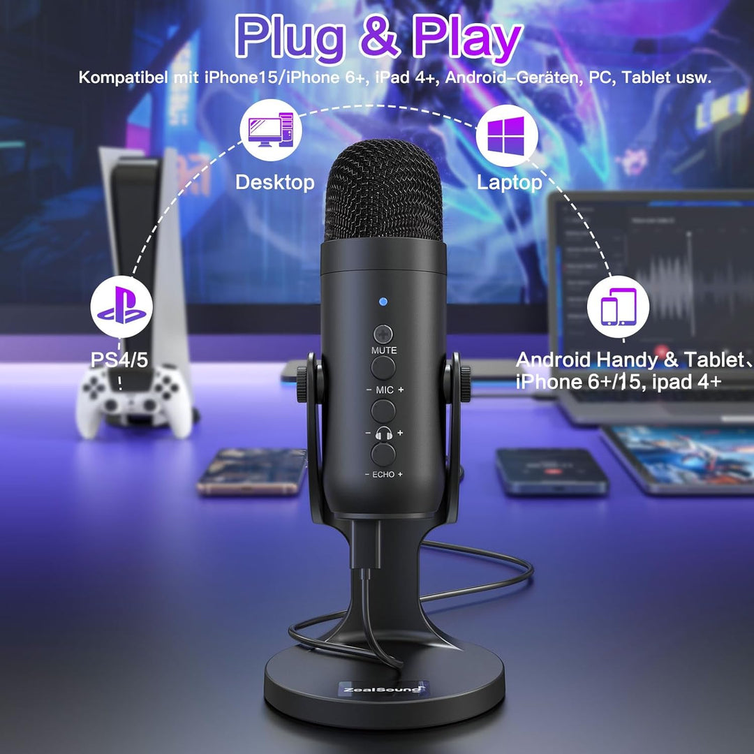 zealsound USB Mikrofon, Kondensator Mikrofon für PC Handy, PS4, PS5, Microphone PC USB C für Gaming,