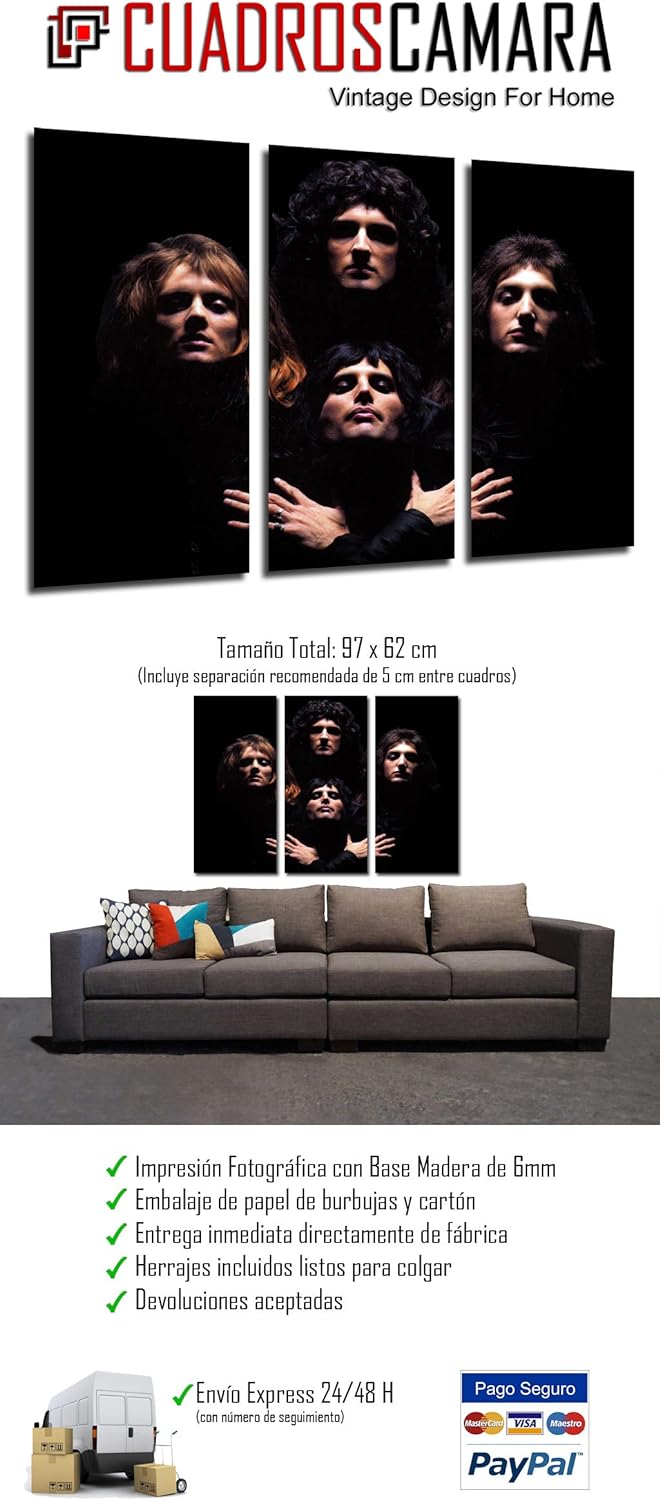 Wandbild - Queen, Freddie Mercury, Brian May, Rockmusik, Bohemian Rhapsody, 97 x 62 cm, Holzdruck -