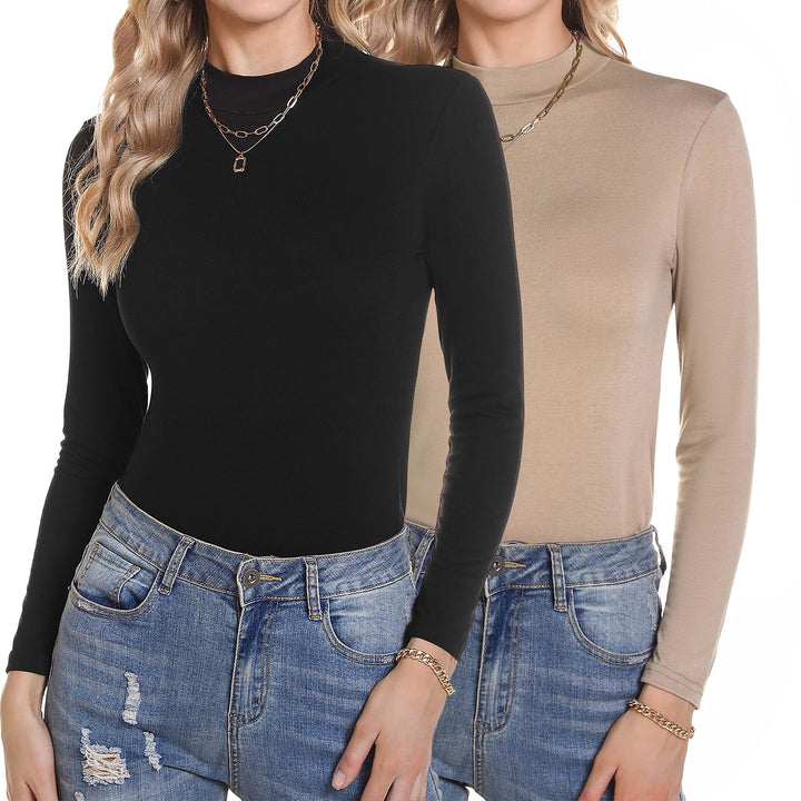 Damen 2 Pack Langarmshirt Set Stehkragen Rollkragenshirt Baumwolle Elegant Basic Oberteile Langarm U