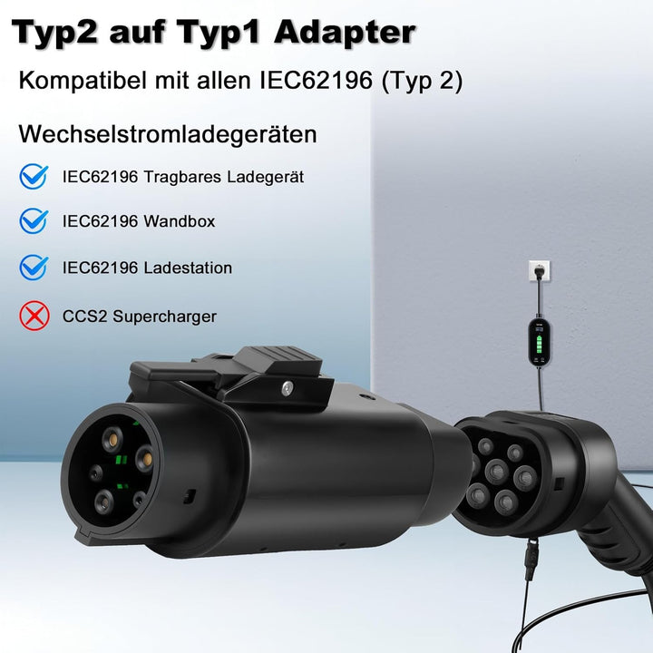 EV Adapter Typ 2 auf Typ 1, Max 32A, 250V AC, Adapter für Elektrofahrzeuge IEC 62196 auf SAE J1772,